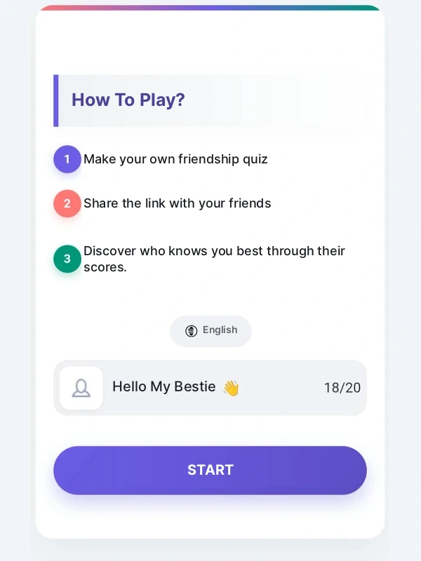 Step 1: enter your name and click Start on the BestieQuiz.com friendship quiz maker