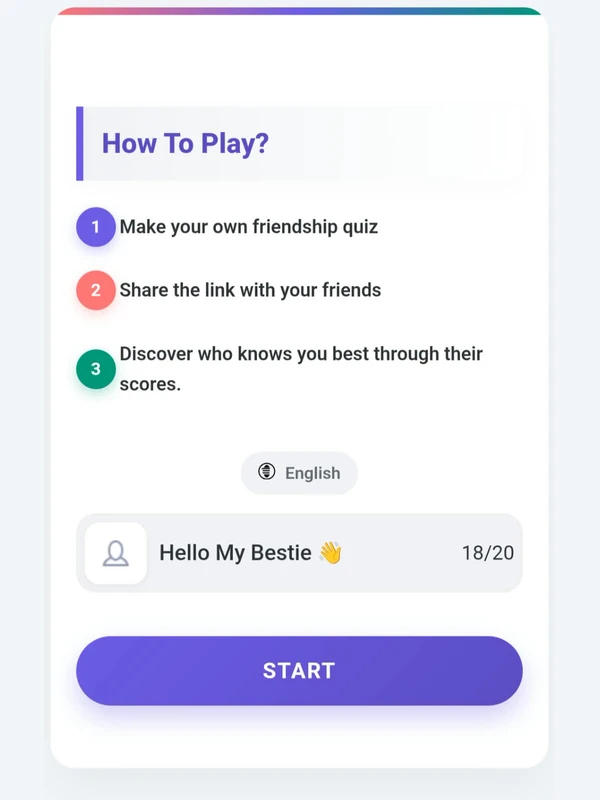 Step 1: enter your name and click Start on the BestieQuiz.com friendship quiz maker